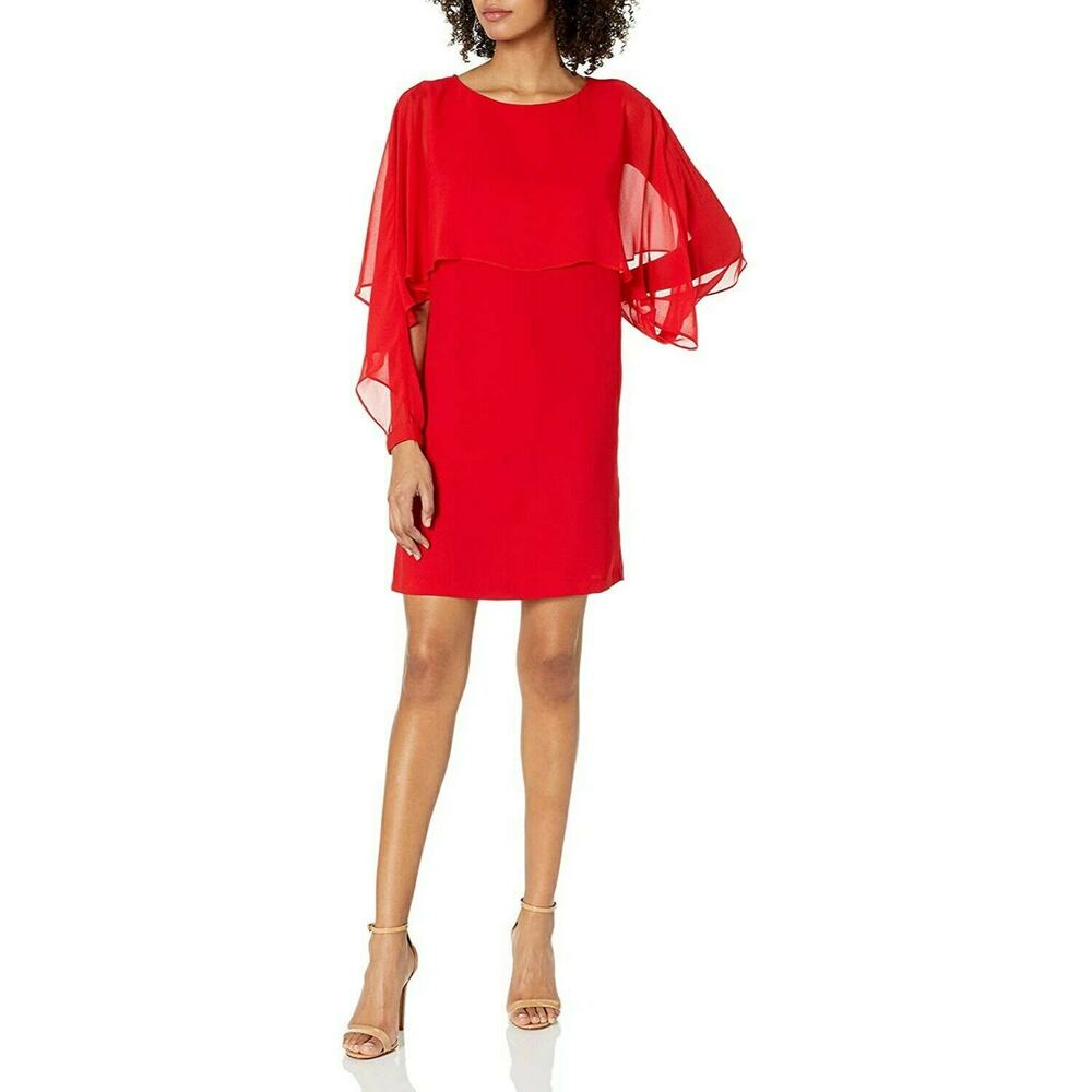NANETTE LEPORE chiffon popover long sheer sleeve red shift dress Size 4 NEW - Picture 2 of 6